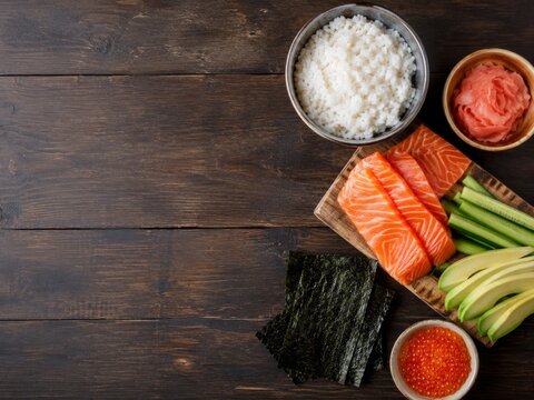 Plato de sushi con arroz, salm&oacute;n, aguacate, alga nori y salsa de soya