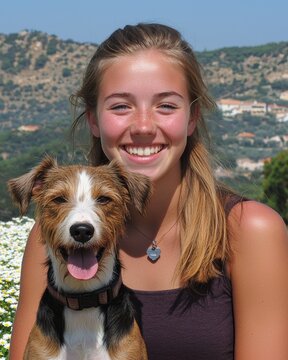 Smiling Young Woman with Border Terrier Dog Surrounded by Daisy Flowers Outdoors