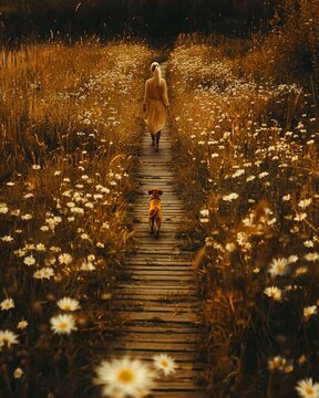 Woman Walking with Miniature Schnauzer in Flower Field at Sunrise