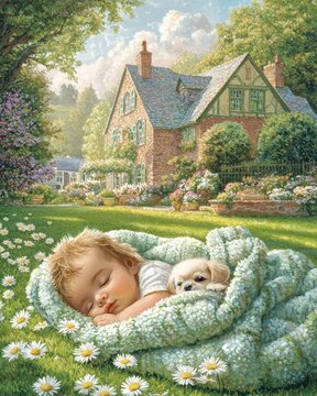 Adorable Baby Sleeping in Blanket with Cute Pekingese Puppy in a Serene Backyard
