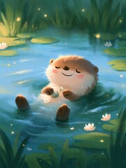 Fototapeta premium Whimsical Sloth Resting in a Tranquil Pond