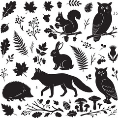 Obraz premium Set of black silhouettes of forest animals and autumn plants, isolated on transparent background for design.