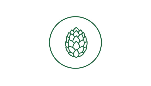 Green illustration of a single hop cone contained within a simple circular border representing brewing ingredients for beer production.