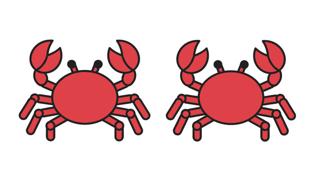 Pair of red cartoon crabs with raised claws and multiple legs facing each other isolated on a plain white background for creative use.