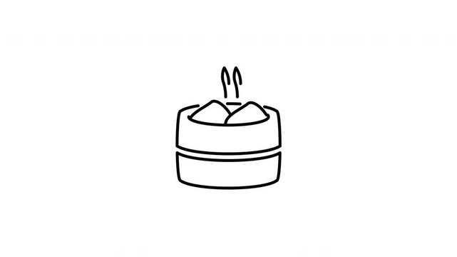 Minimalist outline animation of a steaming traditional Chinese dim sum bamboo basket drawing on and fading out. Features a clean pop up style in 3 color setups.