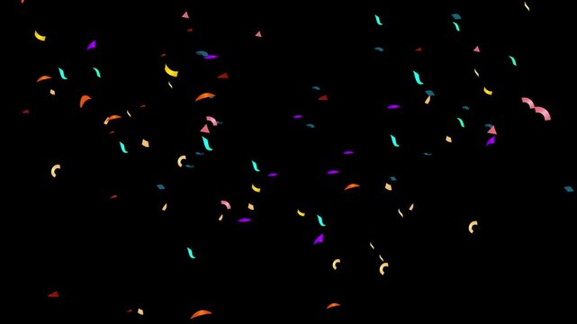 Confetti fragments dance in the air against a solid black background to provide a versatile festive overlay for graphic design projects and digital art.