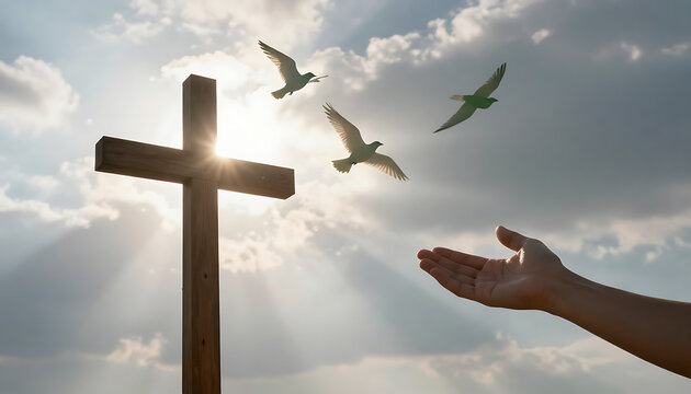 Christian cross against bright sunbeams with white doves of peace