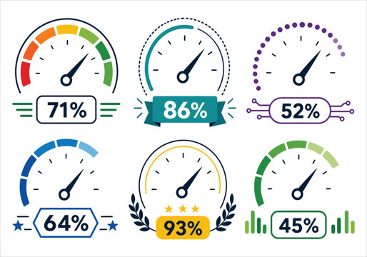 Gauge icons with percentage displays and decorative elements vector illustration