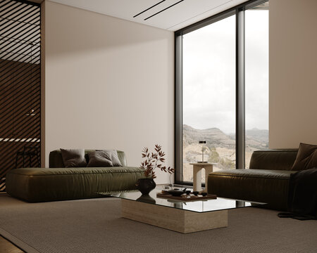 Modern interior design of living room with green leather sofa and empty white wall background. 3D Rendering, 3D Illustration