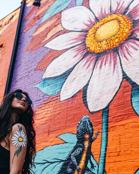 Vibrant Street Art Featuring a Teen with Lizard Tattoo Against Colorful Mural