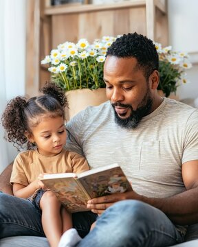 Father Reading Story to Child with Daisies in Bright Cozy Living Room