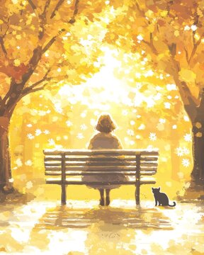 Woman Sitting on Bench with Cat Under Autumn Trees in a Bright Golden Scene