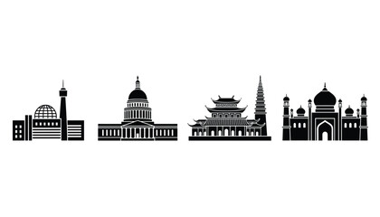 Naklejka premium Set of four black and white building silhouettes representing international landmarks and architectural styles from around the world.