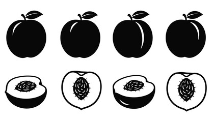 Naklejka premium Set of eight black and white icons showing whole apples and sliced peaches with pits on a clean white background.