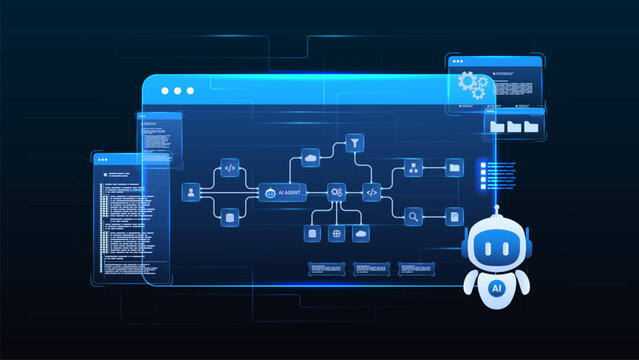 AI workflow automation flow process with ai agent assistant, ai diagram, coding, digital document and automation processing.