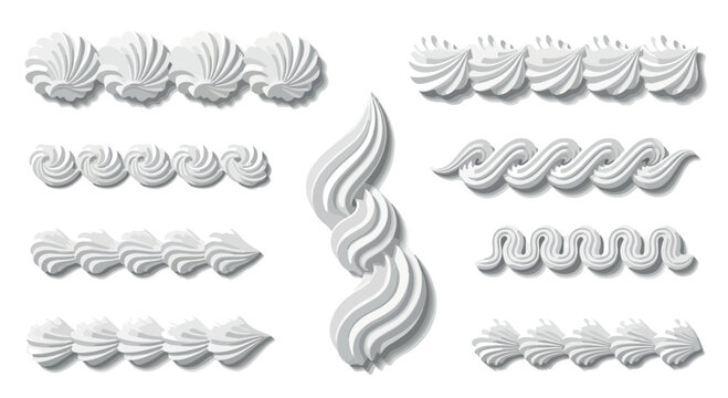 Whipped cream swirls and frosting borders vector set, white meringue piping elements for cake decoration, sweet dairy foam swirls on white background
