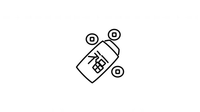 Minimalist outline animation of a traditional lucky Chinese red envelope angpao with coins drawing on and fading out. Features 3 color setups.