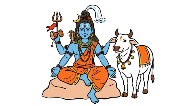 Vedic deity Lord Shiva with sacred cow Nandi sitting in meditative pose