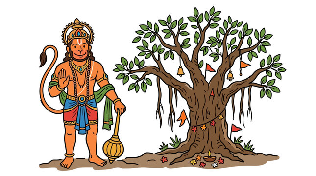 Mythological monkey deity adorned with traditional ornaments standing beside a sacred tree with hanging charms