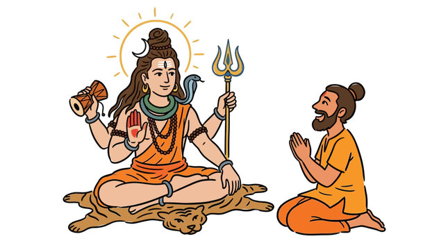 Divine Lord Shiva with a devotee in a peaceful prayerful setting embodying spiritual harmony and devotion in traditional attire