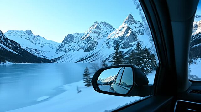 Snowy mountain peaks visible through side car window.