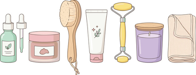 Natural Skincare and Spa Vector Elements Set with Serum Dropper Cream Jar Wooden Brush Cream Tube Jade Roller Candle and Towel © Ruhul