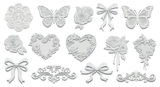 White 3D plaster relief ornaments, set of 14 decorative architectural moldings, vintage floral hearts and butterfly stucco elements for interior design