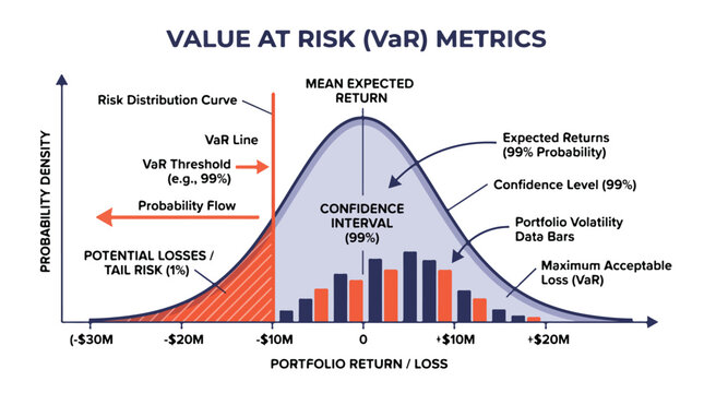 Financial risk management graph showing Value at Risk metrics with probability density and potential losses