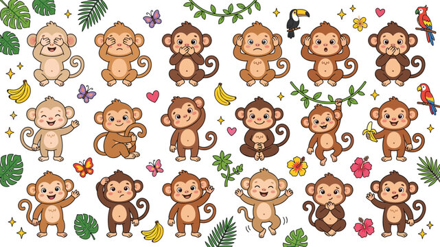 Cute Jungle Monkey Vector Character Set Featuring Three Wise Monkeys and Tropical Elements for Children Birthday Decals Nursery Wall Prints and Stickers