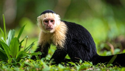 Fototapeta premium White Faced Capuchin Monkey Standing on Forest Floor in Lush Green Jungle