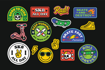 Retro skateboard patches and stickers set, vintage urban skate culture badges, 15 colorful vector embroidered emblems for streetwear and apparel design © Apna Jalwa