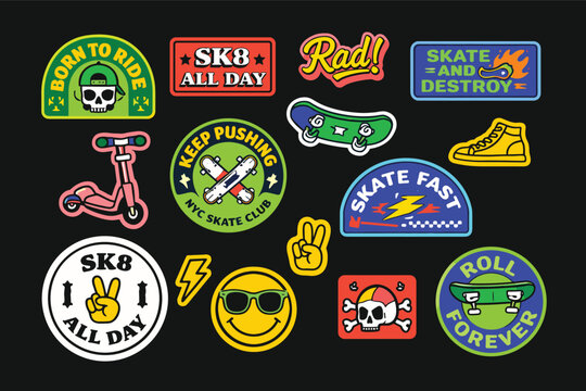 Retro skateboard patches and stickers set, vintage urban skate culture badges, 15 colorful vector embroidered emblems for streetwear and apparel design