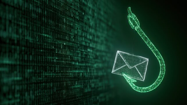 Digital phishing hook with email symbol on binary code background