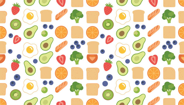 Seamless vector pattern of healthy breakfast food items including avocado, fried eggs, fruits, and vegetables.