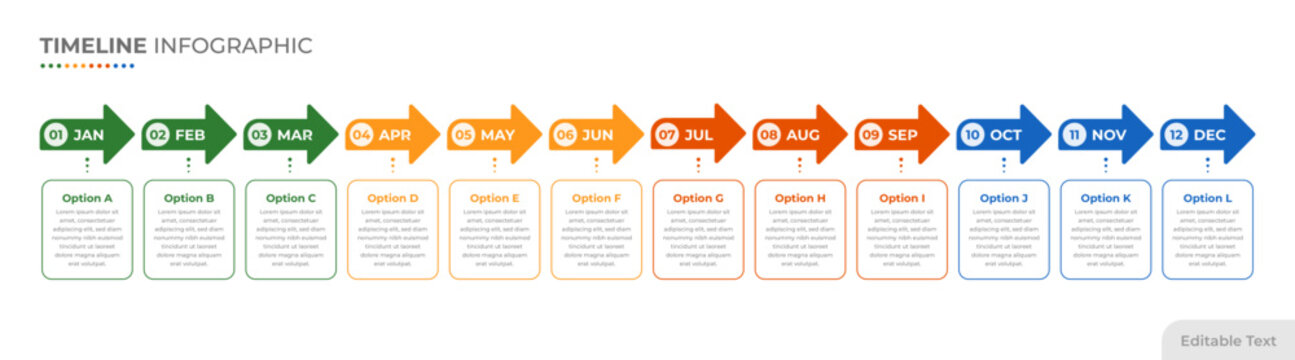 12 month timeline diagram, modern calendar infographic template for business. 1 year, 4 quarter roadmap presentation with twelve arrows, editable vector.