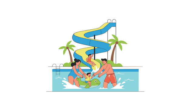 Happy family with young kids having fun and splashing in a swimming pool next to a blue water slide.