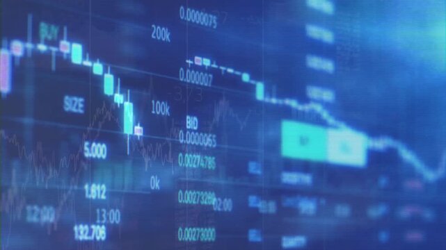 Blue digital screen displaying a downward trending candlestick chart and trading volume data, representing a bearish stock market or financial loss.
