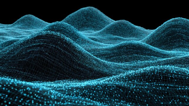 Abstract blue digital landscape with glowing particles