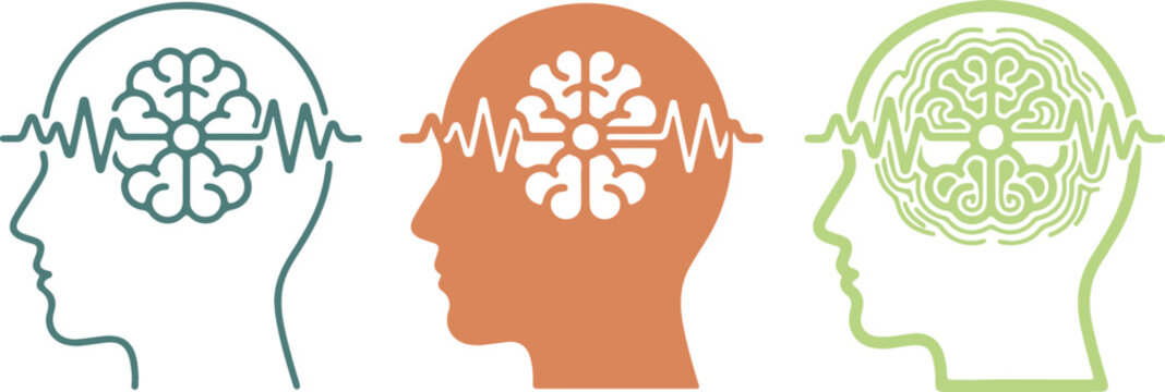 Artificial intelligence brain wave icon set in pastel colors. Hand made vector illustration of human head with ai processor, isolated on transparent background.