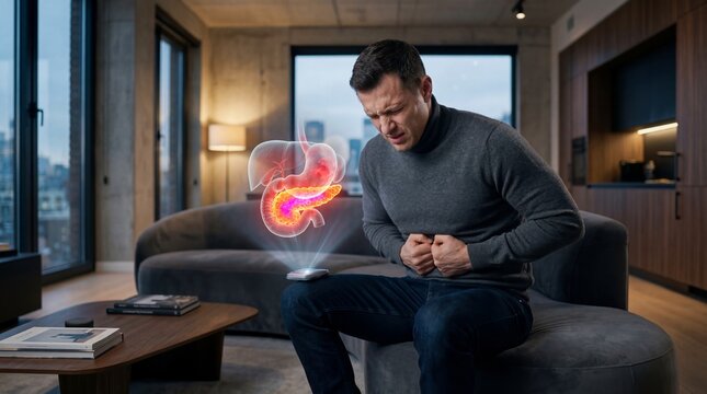 Man feeling stomach pain with holographic projection of digestive system. Digestive organ illness and inflammation concept. Medical diagnosis and health awareness in modern living room.