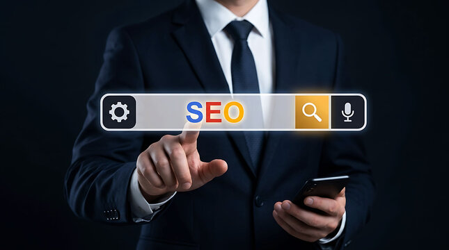 Businessman pointing at SEO search bar optimization concept