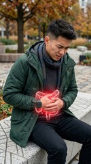 Obraz premium Asian man holding stomach in pain with glowing intestine projection. Health concept of abdominal discomfort, digestion issue or internal organ problem. Medical technology visualization.