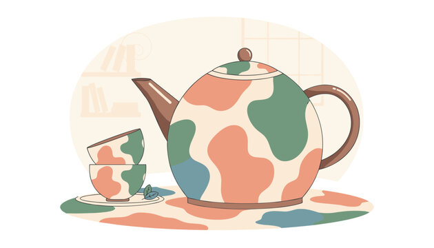 Patterned ceramic teapot with matching tea cups sitting on a table in a cozy warm living room setting.