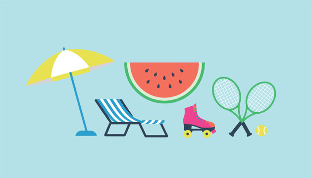 Bright summer recreation items including beach umbrella, lounge chair, fresh watermelon, roller skate, and tennis.