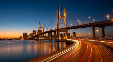 Fototapeta premium Illuminated Cable Stayed Bridge with Light Trails Along Urban Waterfront at Blue Hour