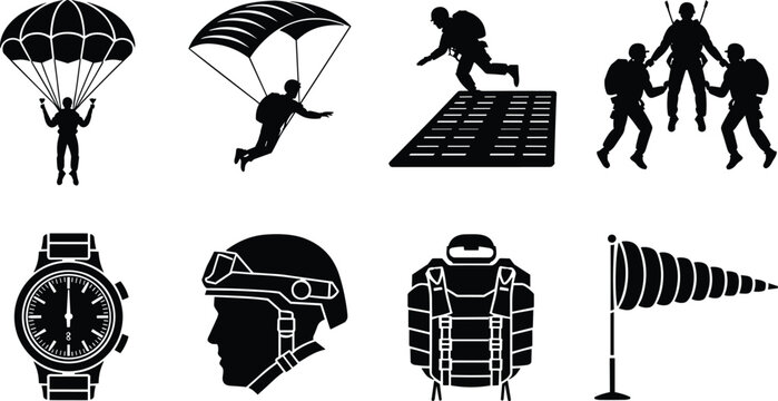 Skydiving extreme sport and military paratrooper equipment icon set black silhouette isolated on white background