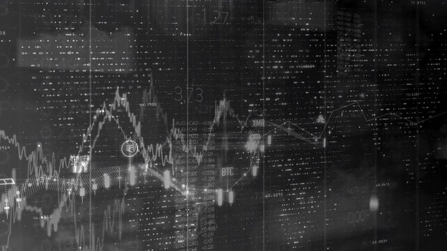 Complex black and white financial dashboard featuring technical analysis, line charts, grids, and trading data for digital economy concepts.