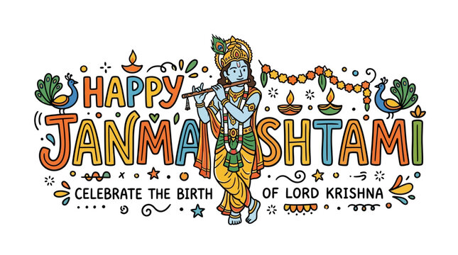 Vibrant and festive illustration celebrating Janmashtami with Lord Krishna and colorful decorations emphasizing cultural joy and