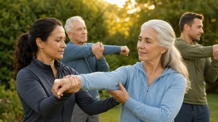 Fototapeta premium Diverse Group of Adults Practicing Tai Chi Outdoors in a Serene Park Setting.