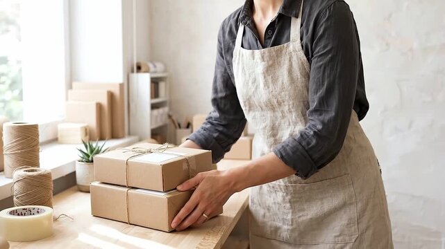 Small business owner managing online orders carefully packing two brown cardboard boxes tied with string in cozy workspace filled with natural light and packaging supplies creating calm atmosphere
